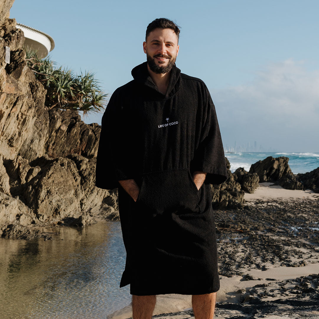 Adult Long Sleeve Hooded Towel Poncho | Black