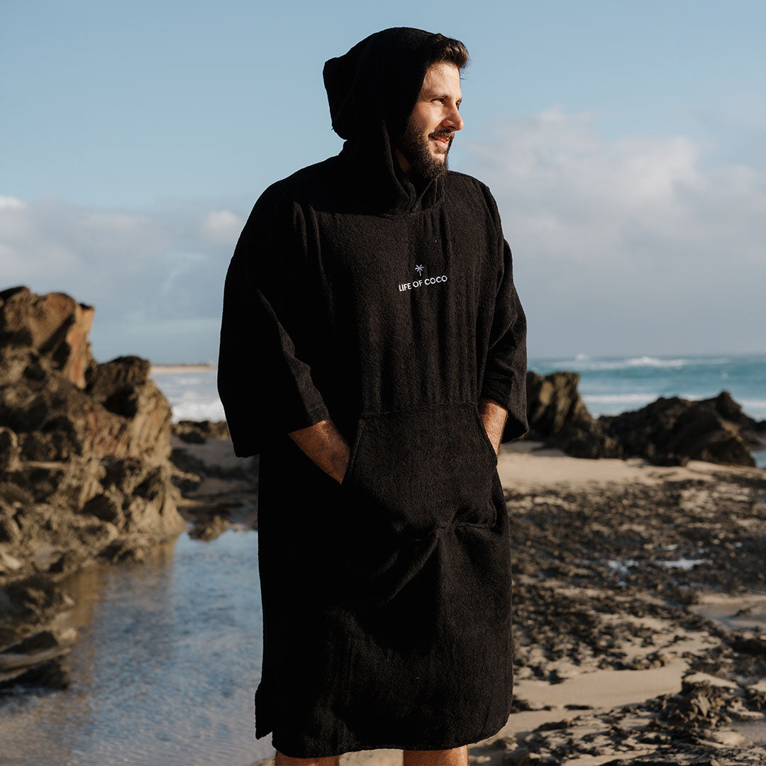 Adult Long Sleeve Hooded Towel Poncho | Black