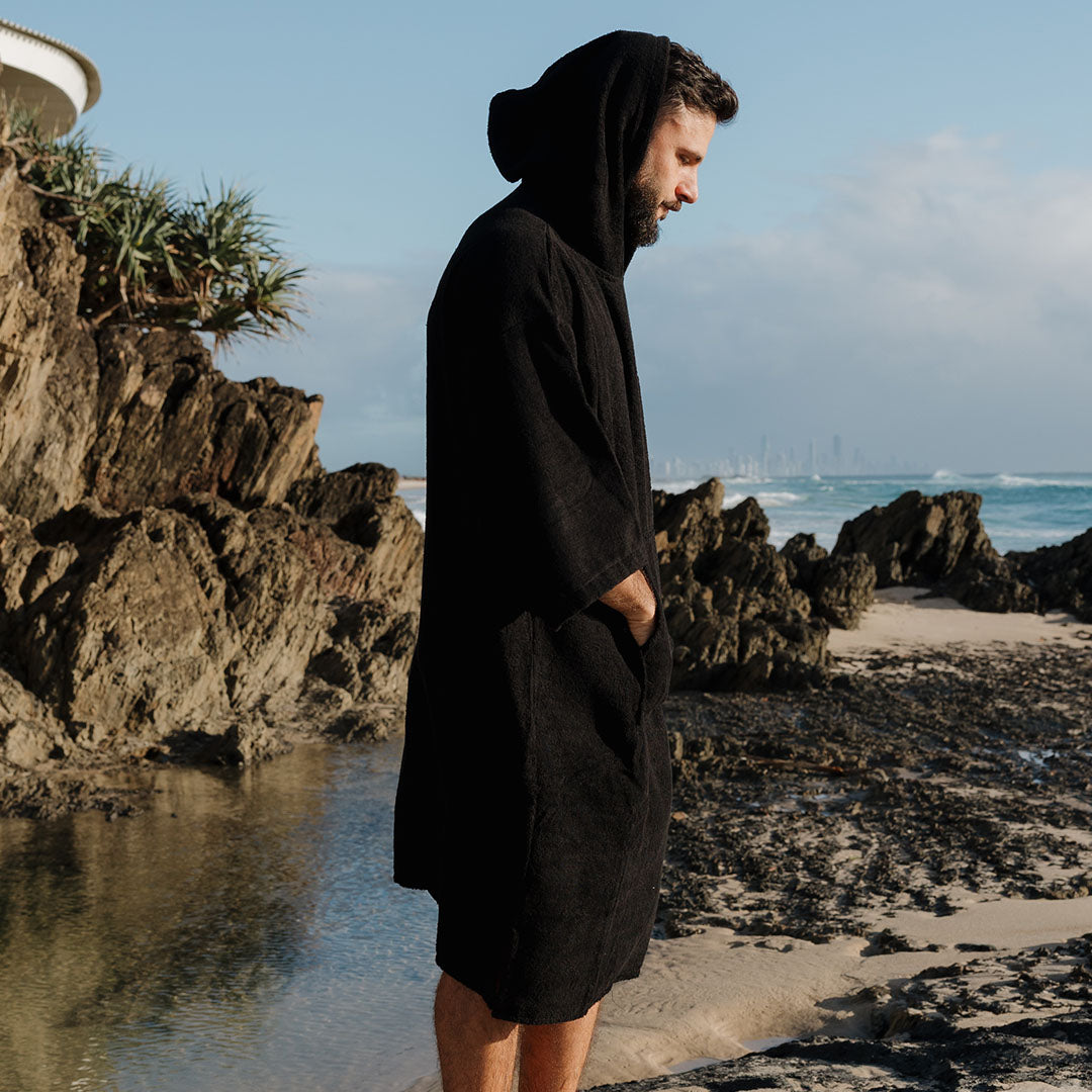 Adult Long Sleeve Hooded Towel Poncho | Black