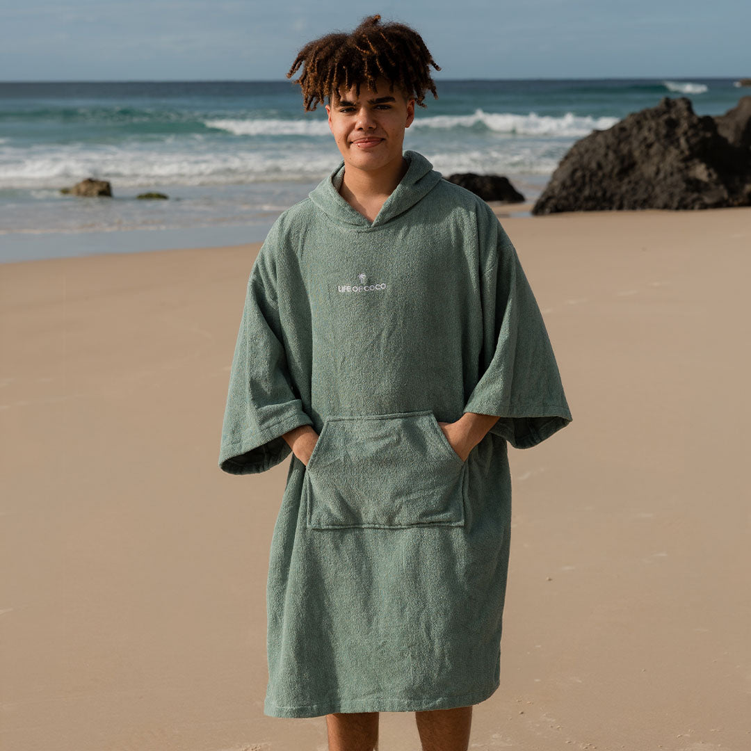 PRE ORDER Teen Long Sleeve Hooded Towel Poncho - Sage Green
