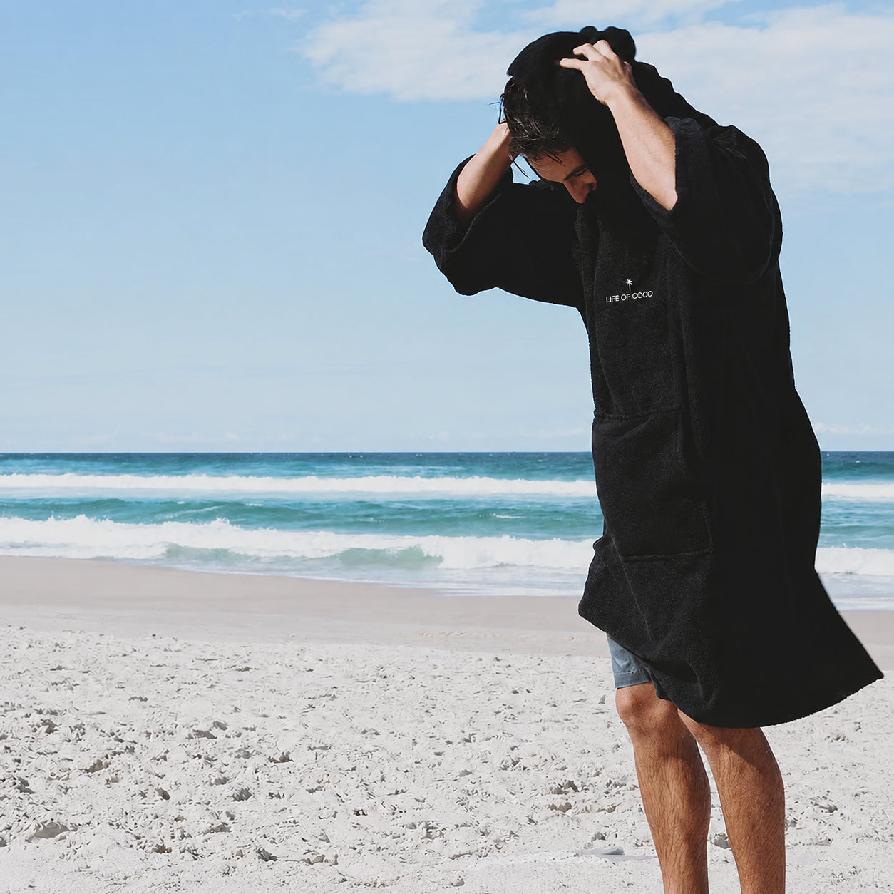Adult Long Sleeve Hooded Towel Poncho | Black