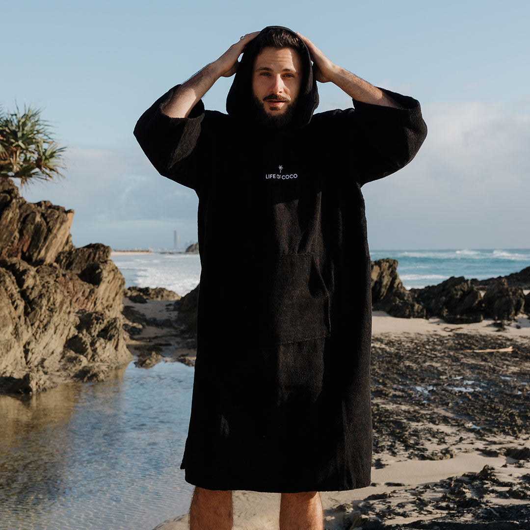 Adult Long Sleeve Hooded Towel Poncho | Black