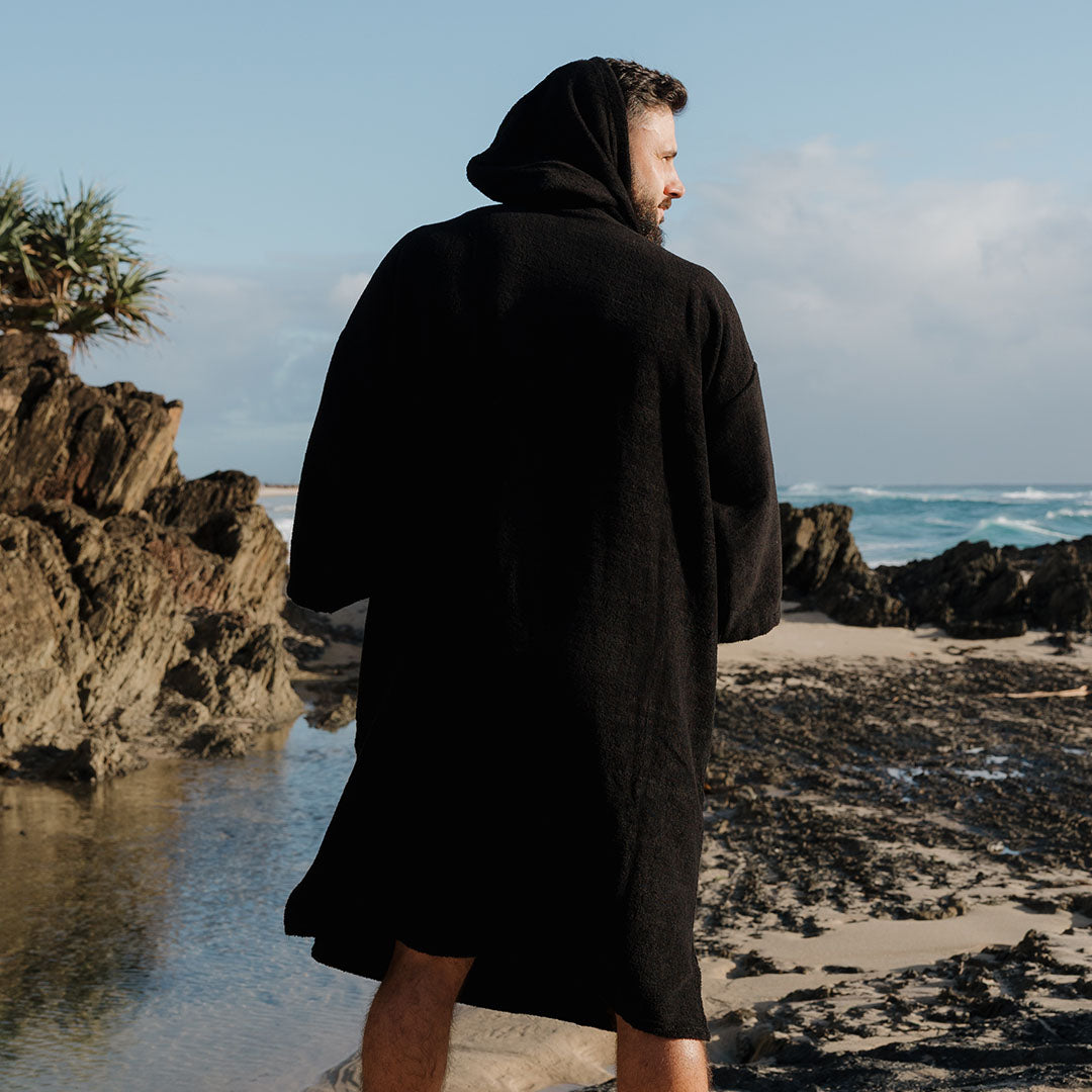 Adult Long Sleeve Hooded Towel Poncho | Black