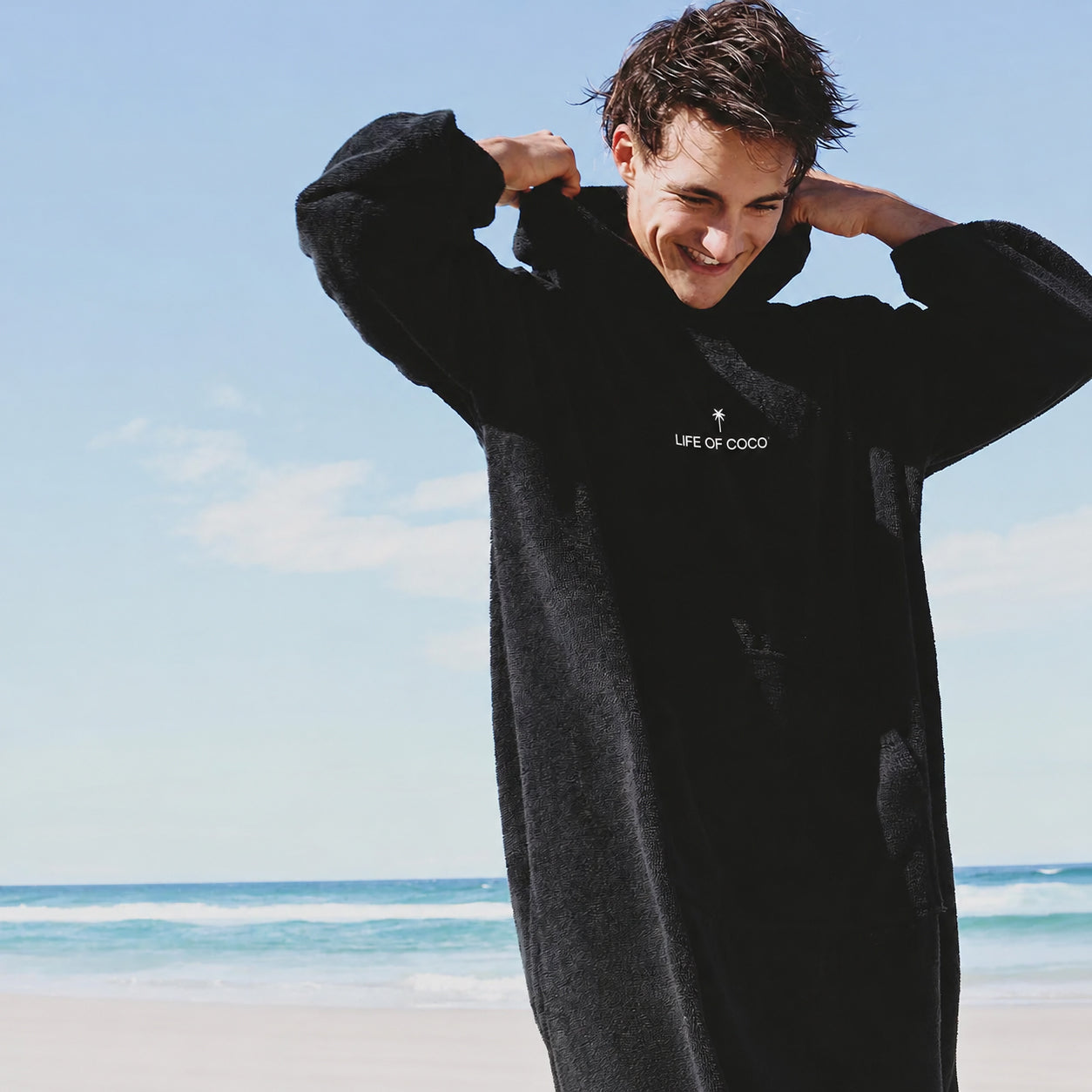 Adult Long Sleeve Hooded Towel Poncho | Black