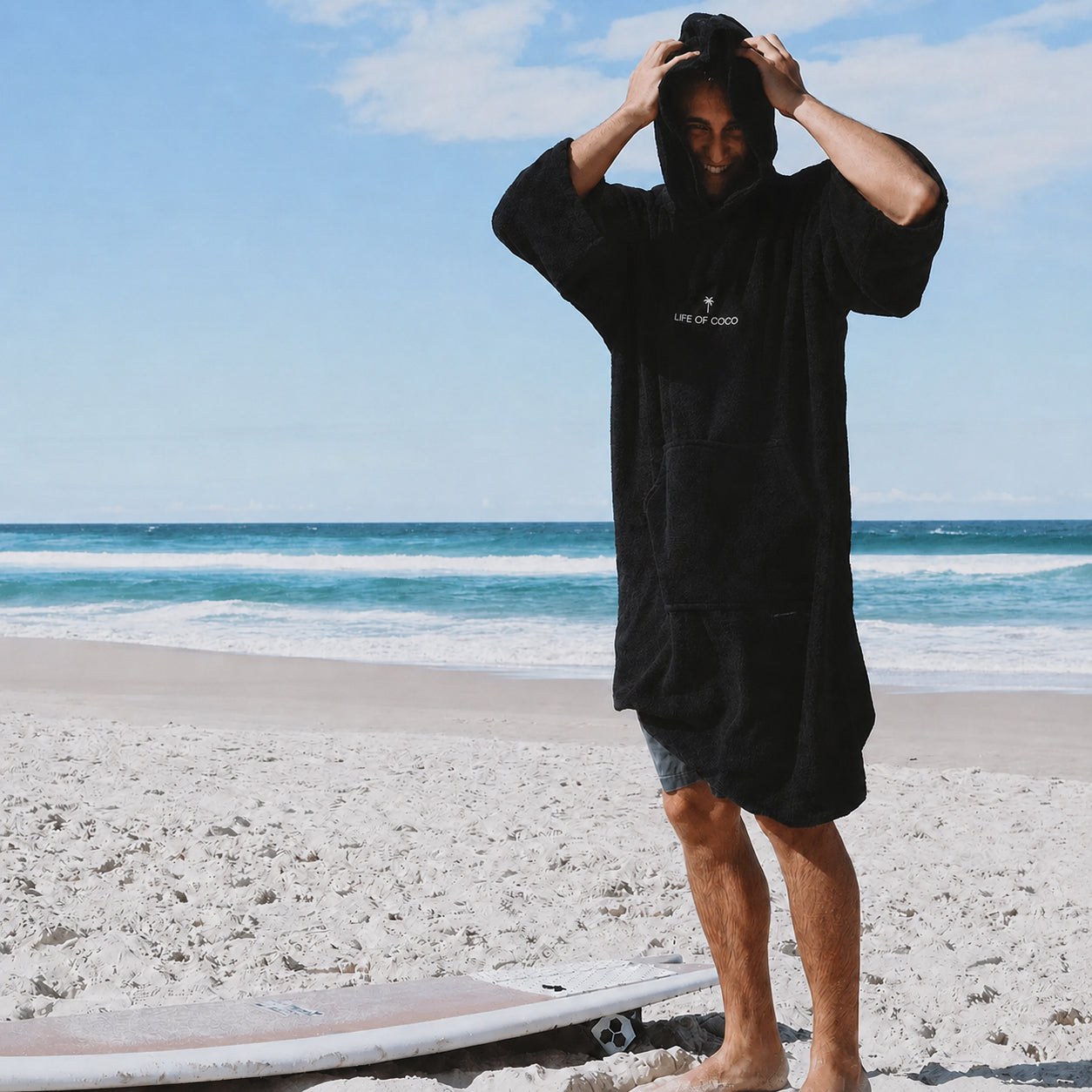 Adult Long Sleeve Hooded Towel Poncho | Black