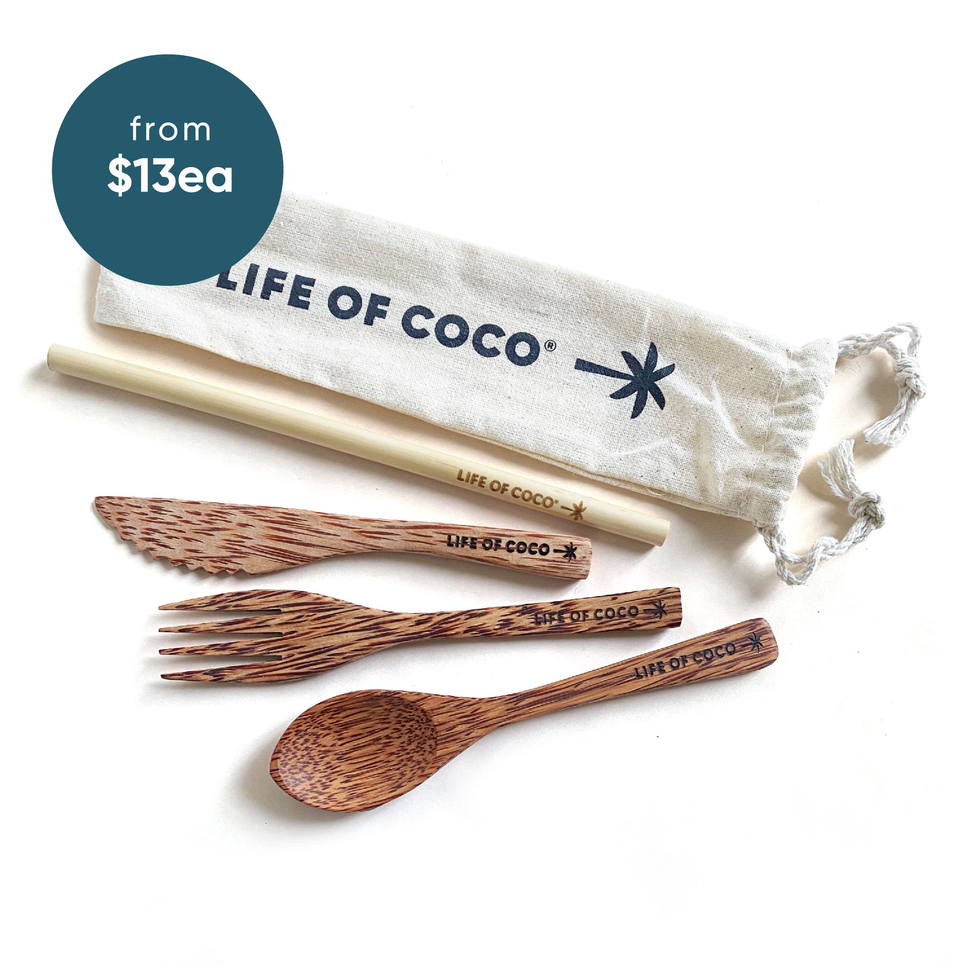 life of coco wholesale reusable wooden cutlery set coconut